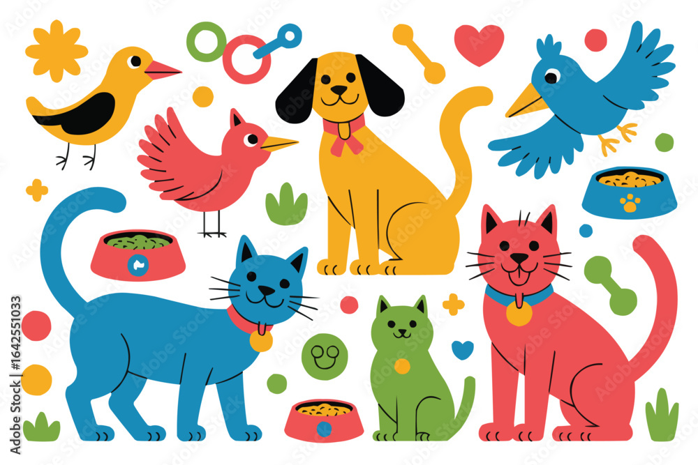 Naklejka premium Vibrant cartoon pets and accessories collection bird