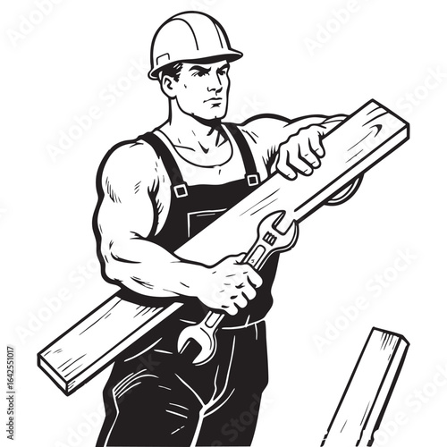 Strong Construction Worker with Lumber and Wrench