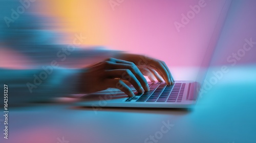 A close-up of a person's hands typing on a laptop keyboard with a pink and blue background and motion blur