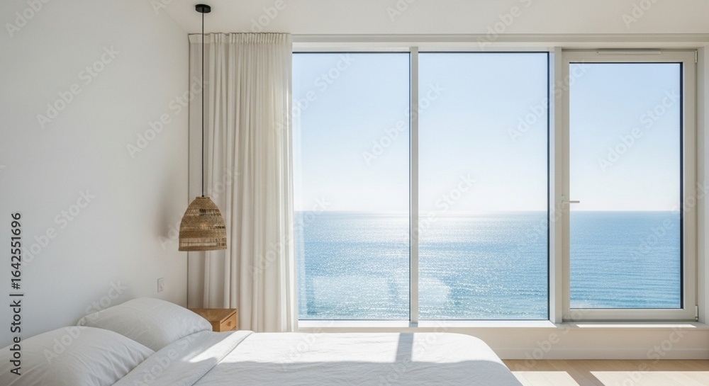 Fototapeta premium Minimalist Bedroom with Sea View – Bright & Airy Coastal Interior Design
