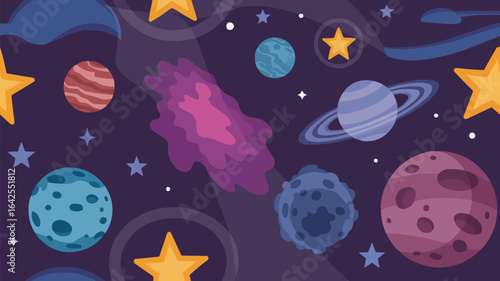 Whimsical cartoon space scene with planets and stars