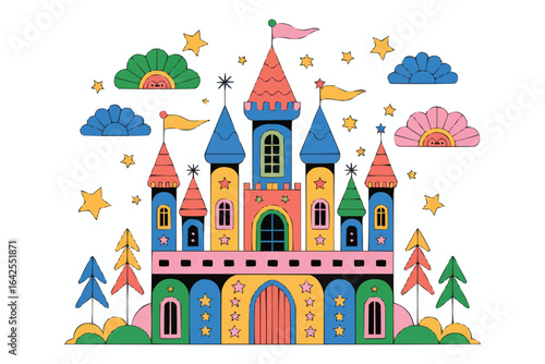 Whimsical fairytale castle with trees and stars fantasy