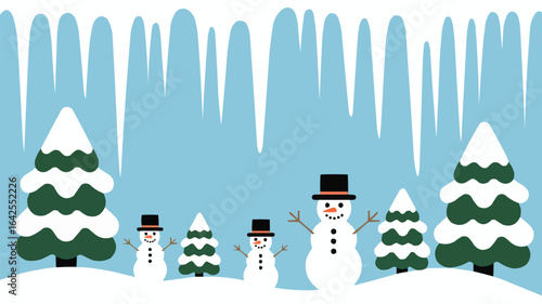Winter scene with snowmen and snow covered trees snowman