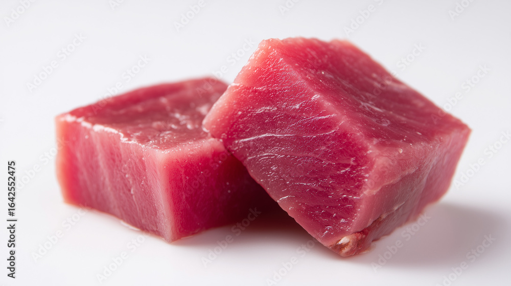 新鮮で鮮やかな赤色が美しいマグロの角切りを白い背景で撮影した素材 新鮮で鮮やかな赤色が美しいマグロの角切りを白い背景で撮影した素材