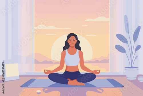 Woman meditating peacefully by window with sunset view