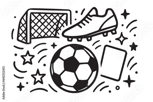 Vector background with soccer sports theme in black and white, outlined in bold black lines, ideal for event posters, banners, and advertisements.

