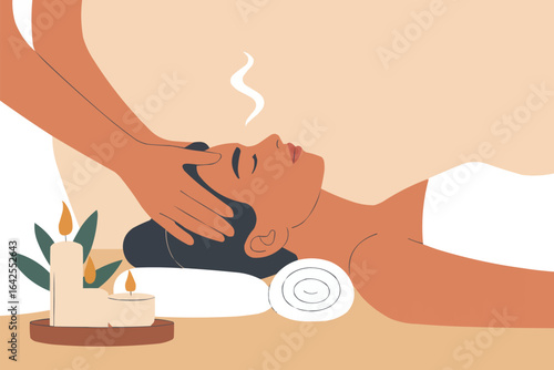 Woman receiving head massage with candles and steam