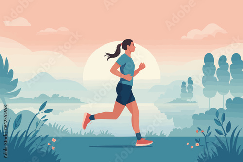 Woman running by lake at sunrise with stylized landscape