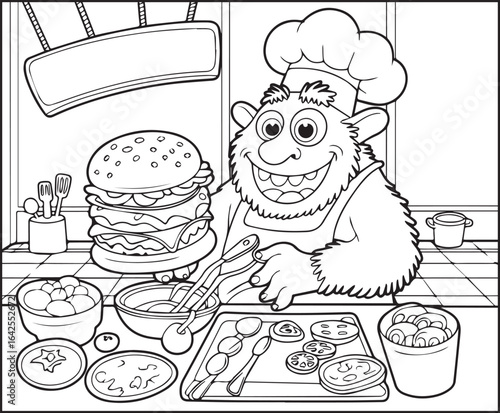 Cute chef monster making burger in the kitchen black line art vector illustration coloring page for kids