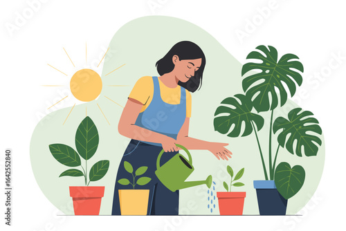 Woman watering houseplants in sunny garden vector illustration