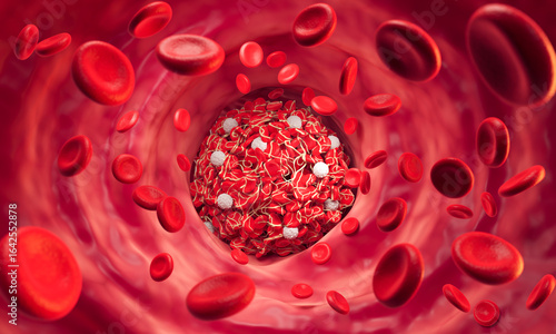 red blood clot or blood clot blocks the flow of red blood cells within an artery , 3d illustration