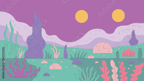 Abstract landscape with purple and green hues nature