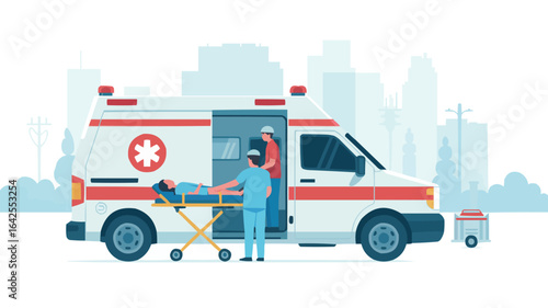 Ambulance crew attending to patient on stretcher with city skyline Keywords: ambulance, medical