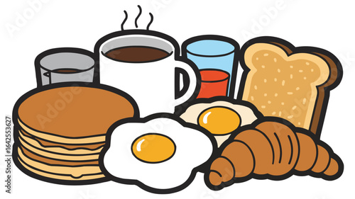 Assorted Breakfast Foods With Coffee And Juice pancakes