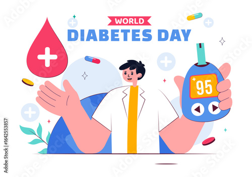 World Diabetes Day Vector Illustration on November 14 Featuring Doctors Testing Blood Glucose Levels and Measuring Sugar in a Flat Style Background
