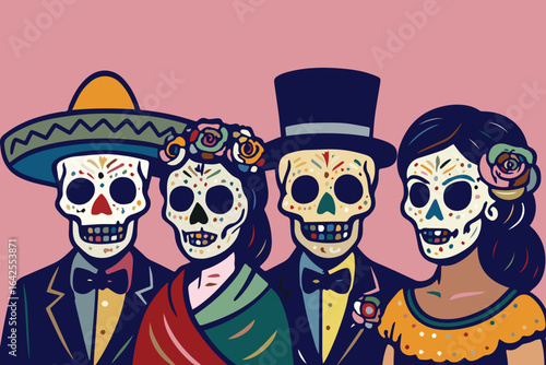 Colorful vector background for Dia de los Muertos, adorned with skulls, marigolds, and decorative motifs, representing vibrant Mexican heritage and festive celebration.

