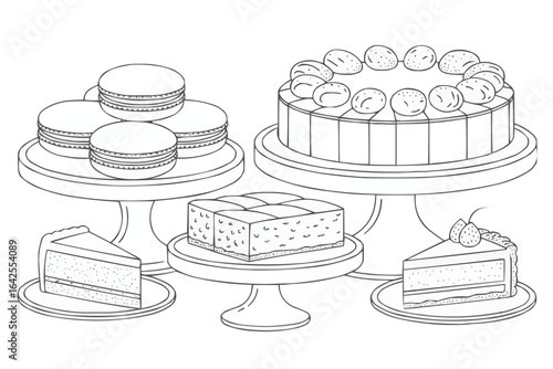 Assortment of Desserts on Cake Stands cakes macarons