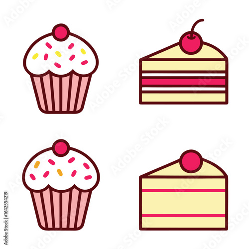 A delightful set of dessert icons with cupcakes and cake slices on a white background.