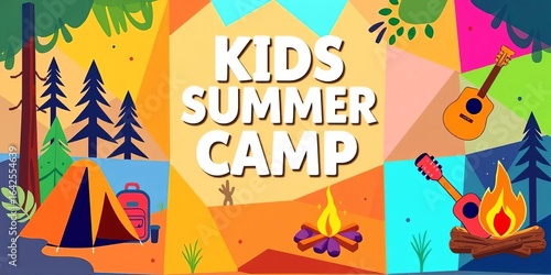 Bright geometric square tile design for kids summer camp flyer featuring tent, backpack, compass, guitar, campfire icons,  summer,  activities