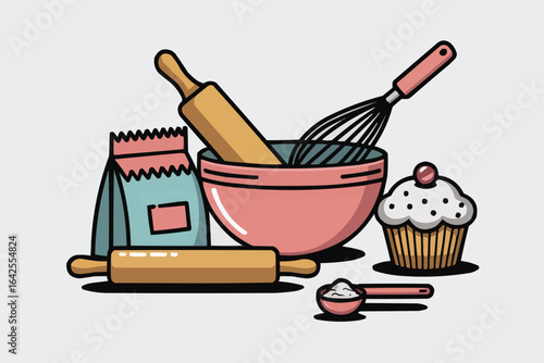 Baking Ingredients And Tools With Cupcake bowl whisk