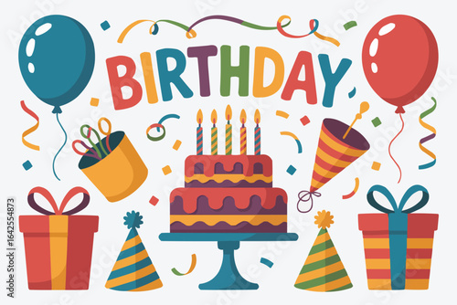Birthday party scene with cake gifts balloons and party popper