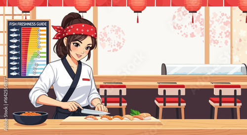 Animated sushi chef expertly crafting delectable nigiri at a charming eatery