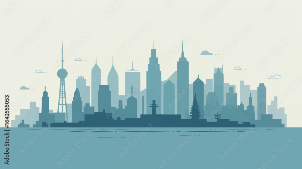 Naklejka premium Blue City Skyline Silhouette with Water and Clouds Keywords: city, skyline, silhouette, urban