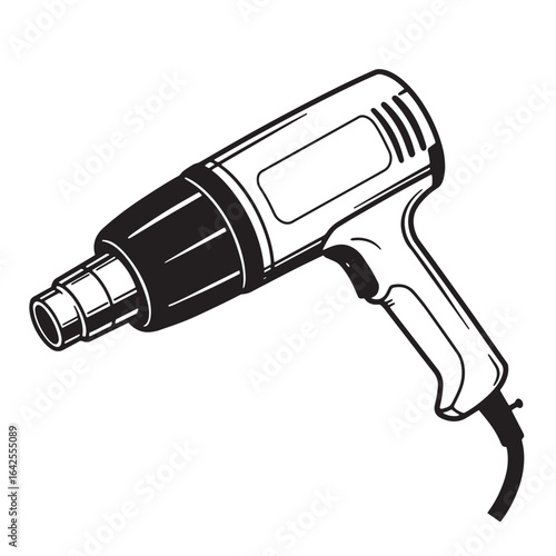 Detailed black and white illustration of a heat gun isolated on a white background