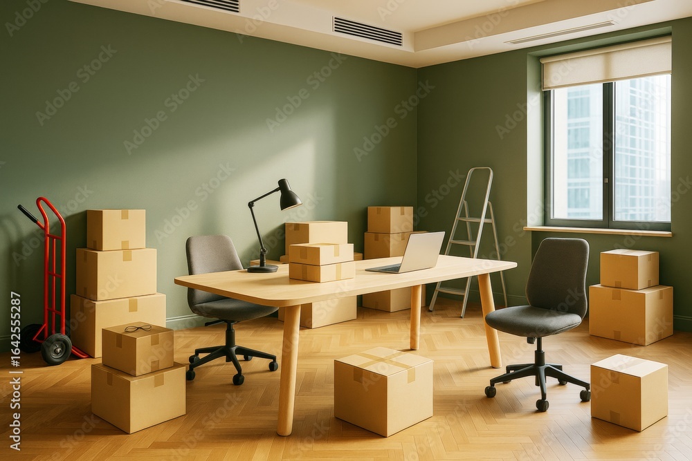 Fototapeta premium Modern office interior with moving boxes, wooden desk, and green walls during relocation in contemporary high-rise building setting.