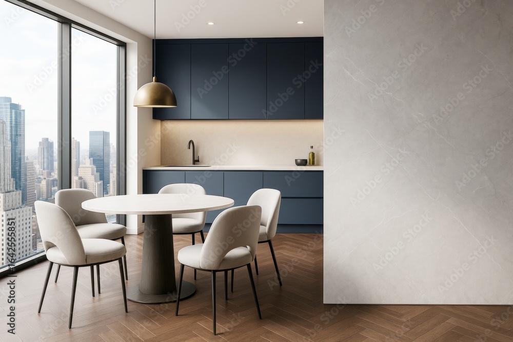 Fototapeta premium Contemporary kitchen interior with navy cabinets, wood floor, round dining table, city view, and blank wall space for mockup or branding concept.