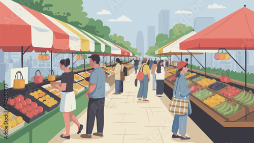 Bustling outdoor farmer's market with diverse shoppers and produce Keywords: farmer's market