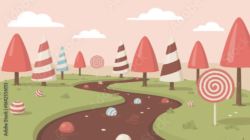 Candy forest with chocolate river and lollipop trees