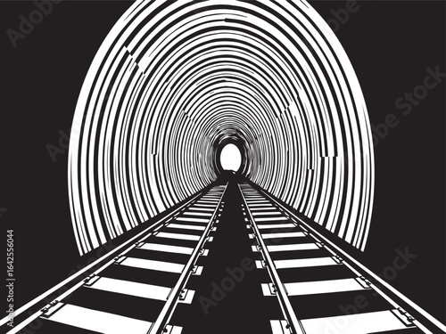 Monochrome Railroad Tracks Disappearing into a Tunnel | Perspective View of Railway for Transportation, Travel, and Conceptual Design