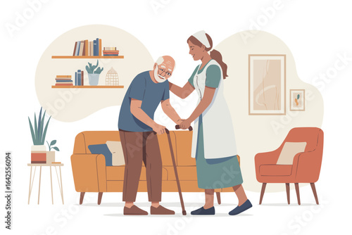 Caregiver helping senior man with cane to stand up