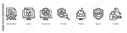 Data Fortress web banner icon vector illustration featuring Data Encryption, Exploit, QR Code Scan, Virus Scan, Phishing, Spyware, and Password.
