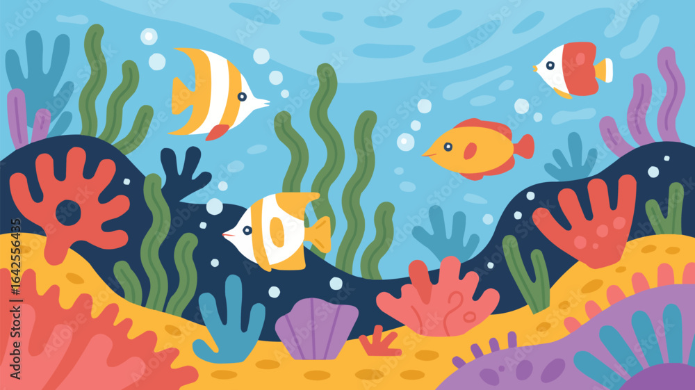 Fototapeta premium Cartoon underwater world with fish and seashells ocean