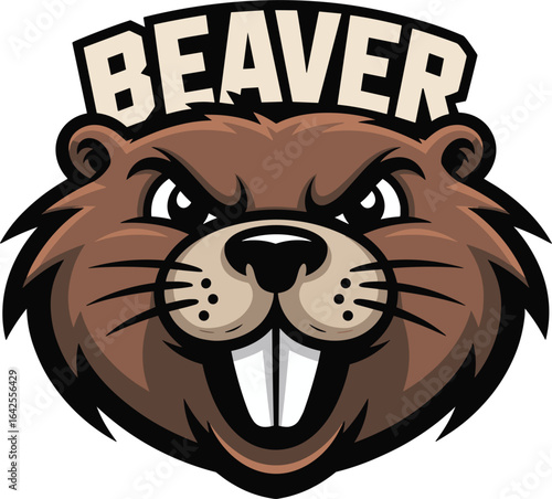 Powerful beaver mascot logo design, fierce and determined animal character with bold teeth, perfect for sports teams, gaming, or branding, isolated vector illustration.