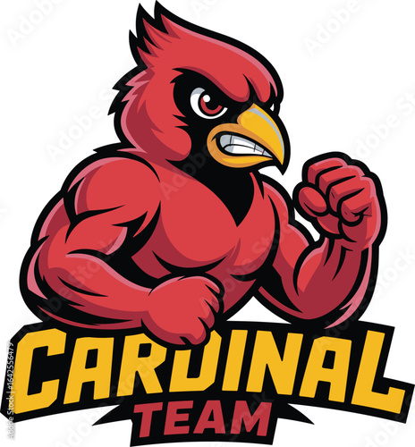 A strong and determined muscular red cardinal mascot character, a symbol of power, sportsmanship, and teamwork, perfect for team logos, athletic apparel, and branding, vector illustration
