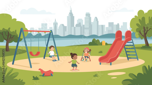 Children playing on playground with city backdrop kids