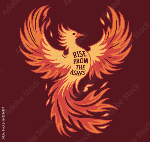 A fiery phoenix bird rises from flames, with the inspirational quote "Rise from the Ashes," a powerful symbol of rebirth and resilience.