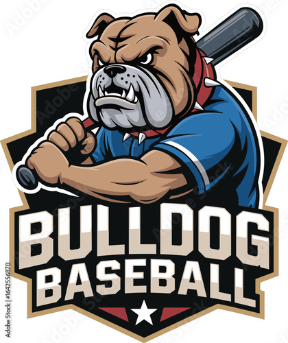 An illustrated logo for a sports team featuring a muscular, angry bulldog wearing a blue baseball jersey, holding a bat, and ready to swing, with the words "Bulldog Baseball" prominently 