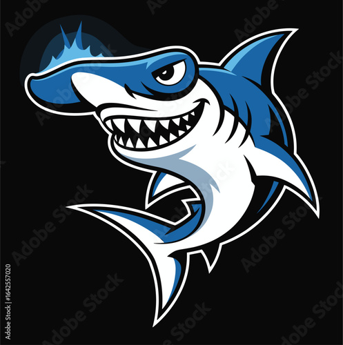 A powerful and fierce shark mascot with a sharp, toothy grin, ready to attack, perfect for a sports team, emblem, or marine-themed logo design.