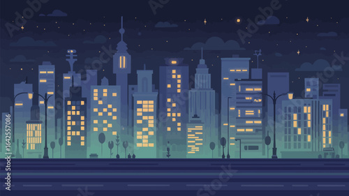 City Skyline at Night with Glowing Windows and Streetlights