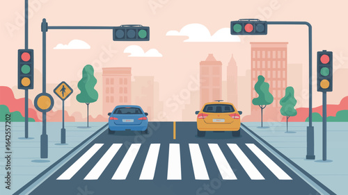 City street with cars at a crosswalk and traffic lights Keywords: city, street, cars, traffic