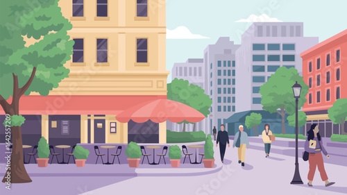 City street scene with cafe and pedestrians walking