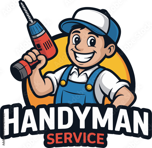 Smiling handyman cartoon mascot holding power drill, professional repair service logo design, construction worker illustration for maintenance and home improvement"
