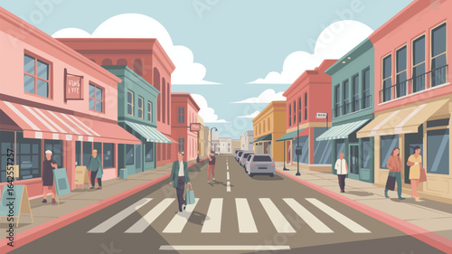 City street with shops and pedestrians crossing storefronts