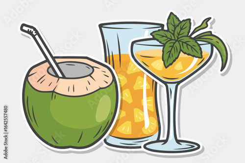 Coconut Drink and Two Glasses of Juice beverage tropical