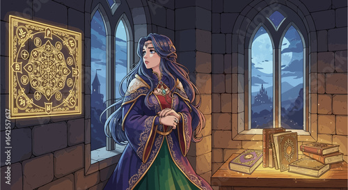 Enchantress Contemplates Destiny in an Ancient Castle Chamber with Magical Symbols