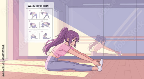 Anime style illustration of a girl stretching in a yoga studio with sunlight